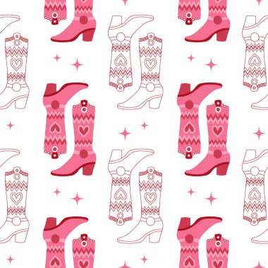 Kovboy kız pembe kovboy çizmeleriyle geriye dönük pürüzsüz desen. Tekstil, ambalaj kâğıdı ve ambalaj için Vahşi Batı tarzında bastırın. Vektör