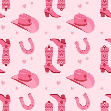 Kovboy çizmeleri, şapkası ve kovboy nalı ile geriye dönük kusursuz desen. Tekstil, ambalaj kâğıdı ve ambalaj için Vahşi Batı tarzında bastırın. Vektör