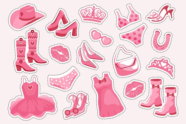 Conjunto Pegatinas Barbiecore Princess Set Moda Rosa Accesorios Ropa Para — Vector de stock