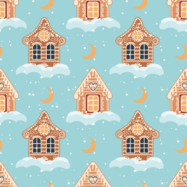 Karlı ve aylı zencefilli evlerin Noel arkaplanı. Çizgi film tarzında kusursuz desen. Vektör