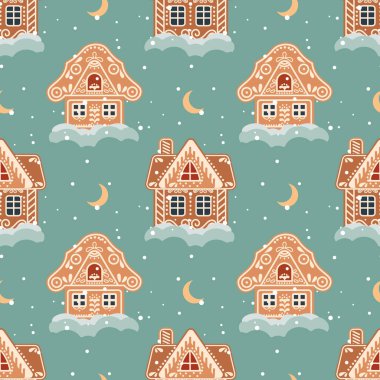Karlı ve aylı zencefilli evlerin Noel arkaplanı. Çizgi film tarzında kusursuz desen. Vektör