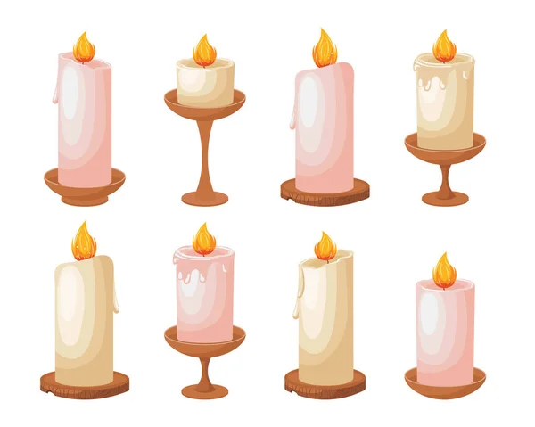 Набір Святкових Палаючих Свічок Свічках Дерев Яні Підставки Набір Світлих — стоковий вектор