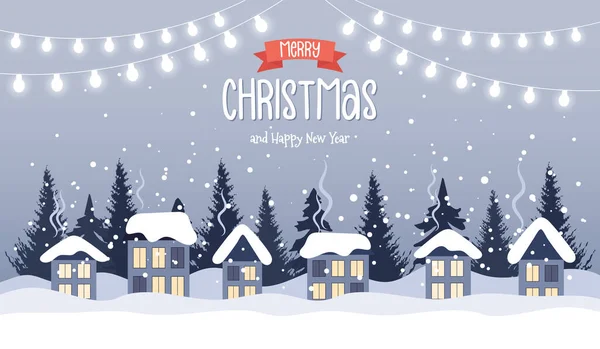 Illustration Paysage Village Noël Avec Jolies Maisons Sapins Guirlandes Lumineuses — Image vectorielle