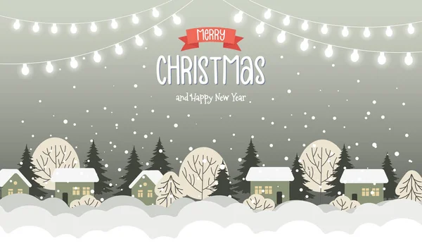 Illustration Paysage Village Noël Avec Jolies Maisons Sapins Guirlandes Lumineuses — Image vectorielle