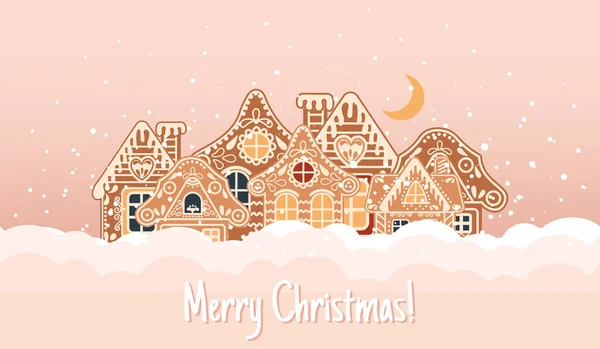 Weihnachtskarte Mit Schriftzug Lebkuchenhäuser Schnee Mit Himmel Und Mond Illustration — Stockvektor