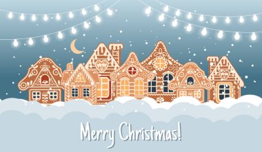 Karda sevimli zencefilli kurabiye evleri olan kış manzarası, yazıtlı Mutlu Noeller tebrik kartı şablonu. Düz bir tasvir. Vektör