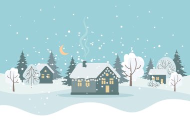 Şirin evler, ağaçlar ve gece gökyüzü ile ay, Mutlu Noeller tebrik kartı şablonu. Düz bir tasvir. Vektör