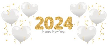 Mutlu yıllar 2024. 2024 numaralı altın yaldızlı Noel arkaplanı ve beyaz arka planda kalp balonları. Şablon, pankart, vektör