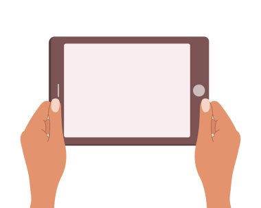 Tablet bilgisayarın boş ekranını tutan eller. Tablet bilgisayar kullanımı, düz tasarım. Vektör
