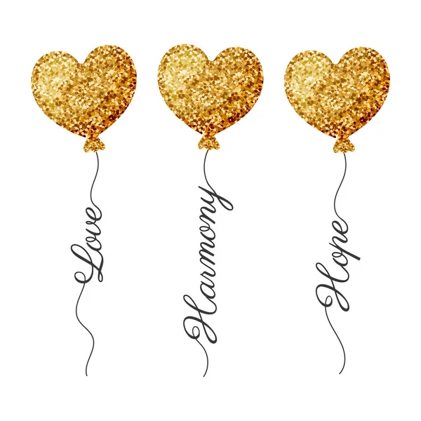 Conjunto Balões Cardíacos Com Brilho Dourado Caligrafia Bonitos Modelos Saudação — Vetor de Stock
