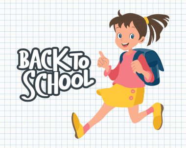 Okulun arka planında okul çantası ve kaligrafisi olan sevimli okul kızıyla birlikte. Görüntü, vektör