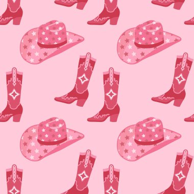 Eski kovboy şapkaları ve kovboy çizmeleriyle şirin, pembe, pürüzsüz bir desen. Geçmişi, kızlar için parmak izi. Vektör