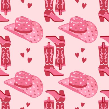 Eski kovboy şapkaları ve kovboy çizmeleriyle şirin, pembe, pürüzsüz bir desen. Geçmişi, kızlar için parmak izi. Vektör