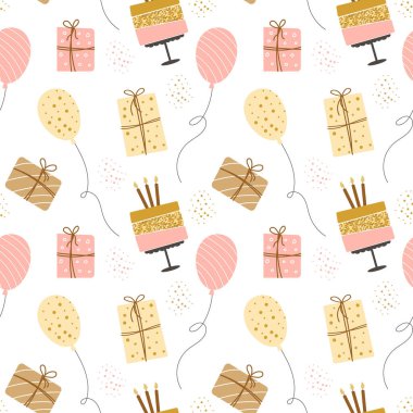 Kusursuz doğum günün kutlu olsun. Pastalar, balonlar, hediye kutuları ve parti şapkaları. Altın parıltılı basit bir arka plan, vektör.