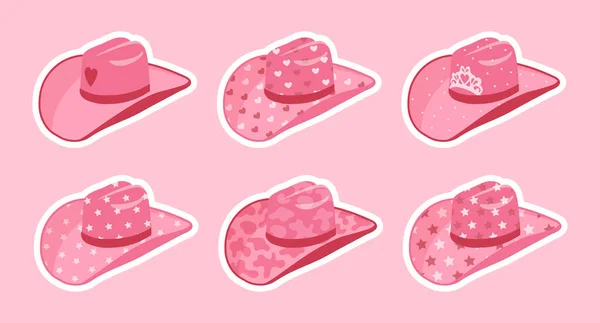 Набор Наклеек Розовые Ковбойские Шляпы Розовые Шляпы Сердцами Звездами Короной — стоковый вектор