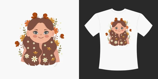 花の可愛い女の子とTシャツのデザイン Tシャツに女の子の肖像画を描いた漫画 服のためのプリント イラスト ベクター — ストックベクタ