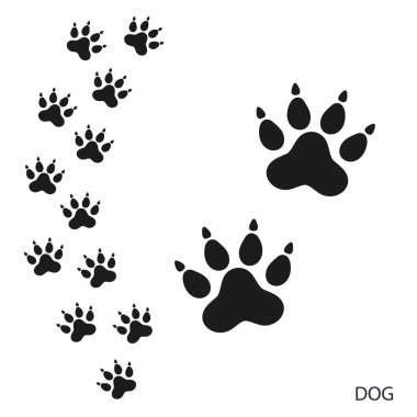 Pençe izleri, hayvan ayak izleri, köpek ayak izleri. İkon ve ayak izleri. Siyah siluet. Vektör