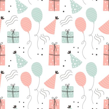 Kusursuz doğum günün kutlu olsun. Pastalar, balonlar, hediye kutuları ve parti şapkaları. Basit biçim ve vektör ile şenlikli arkaplan