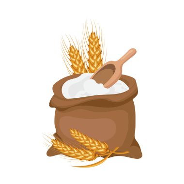 A canvas bag with flour, a wooden spatula and ears of wheat and rye. Agriculture icon, design element, vector clipart