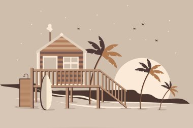Teraslı bir ev, sörf tahtası, palmiye ağaçları, deniz kıyısında gün batımında güneş alan tropik bir manzara. Düz bej rengi, vektör çizimi