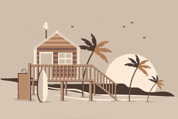 Tropische Landschaft Mit Einem Haus Mit Terrasse Surfbrett Palmen Sonne — Stockvektor