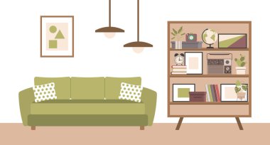 Kanepeli oturma odası, komodinli ev çiçekleri, pencere, kitaplık ve duvardaki tablolar. Minimum biçim, vektör içinde düz iç