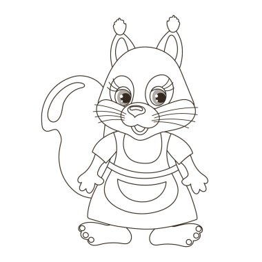 Ev hanımı önlüğü giyen sevimli bir sincap karakteri. Çizim, boyama için çizim. Vektör