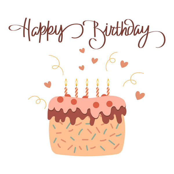 Happy Birthday Card Cake Candles Calligraphic Lettering Holiday Illustration Flat — Stock Vector