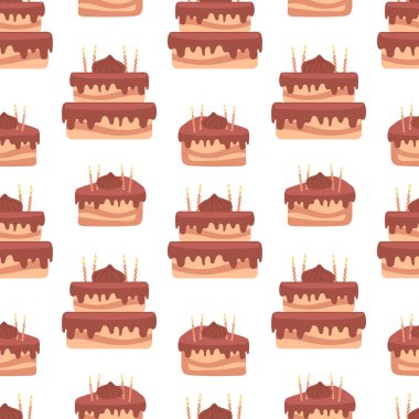 Kusursuz desenler, tatil mumlu tatil pastaları, kek parçaları, lezzetli tatlılar, pastalar, kekler. Gıda arkaplanı, menü, vektör
