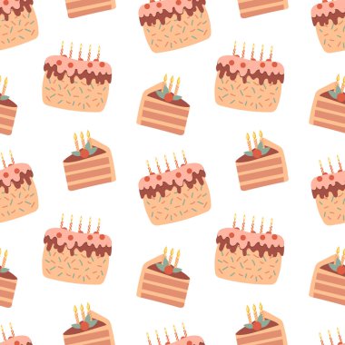 Kusursuz desenler, tatil mumlu tatil pastaları, kek parçaları, lezzetli tatlılar, pastalar, kekler. Gıda arkaplanı, menü, vektör