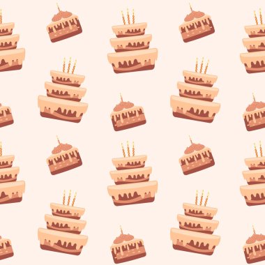 Kusursuz desenler, tatil mumlu tatil pastaları, kek parçaları, lezzetli tatlılar, pastalar, kekler. Gıda arkaplanı, menü, vektör