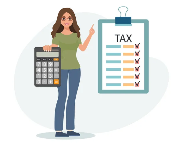 Γυναίκα Αριθμομηχανή Και Φορολογική Δήλωση Έννοια Καταβολής Φόρου Χρηματοοικονομικές Φορολογικές — Διανυσματικό Αρχείο
