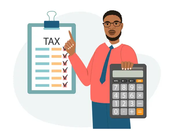 带着计算器和税单的人纳税概念 财务税务会计 审计或会计服务 卡通画 — 图库矢量图片