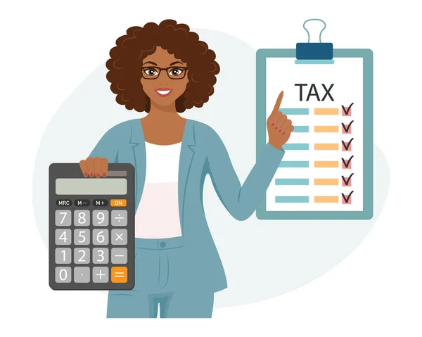 带着计算器和税单的女人纳税概念 财务税务会计 审计或会计服务 卡通画 — 图库矢量图片