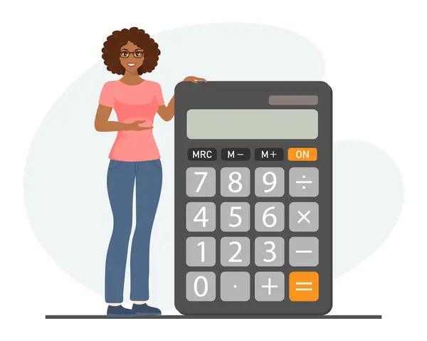 Μια Γυναίκα Στέκεται Δίπλα Στο Κομπιουτεράκι Χρηματοοικονομική Παρουσίαση Λογιστικός Έλεγχος — Διανυσματικό Αρχείο