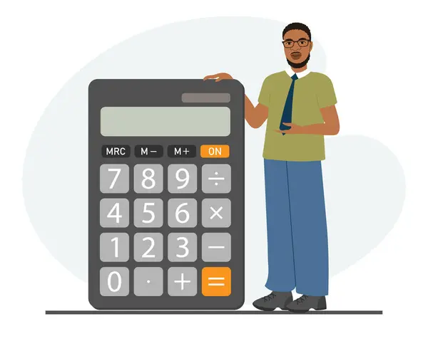 Ένας Άντρας Στέκεται Δίπλα Ένα Κομπιουτεράκι Χρηματοοικονομική Παρουσίαση Λογιστικός Έλεγχος — Διανυσματικό Αρχείο