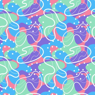 Çok renkli, soyut, dikişsiz desen, canlı şekiller ve geometrik nokta desenleri. Moda tasarımı 80 'ler-90' lar Memphis tarzı, etnik hipster geçmişi. Vektör