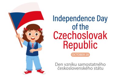 Çekoslovak Cumhuriyeti Bağımsızlık Günü, 28 Ekim. Çek Cumhuriyeti bayrağı taşıyan şirin küçük bir kız. Görüntü, pankart, vektör