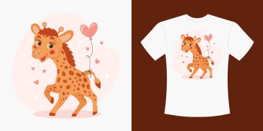 Children's T-shirt with a cute cartoon giraffe character with a balloon. Drawing of a cartoon giraffe on a T-shirt. Print for clothes. Illustration, vector clipart