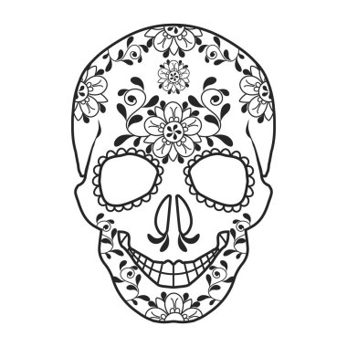 Ölüm Maskeli Kafatası ve çiçek süsüyle Meksika Ölüler Günü. Tatil kartı, vektör