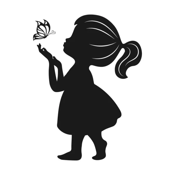 Silhouette Una Bambina Carina Con Una Farfalla Mano Silhouette Nera — Vettoriale Stock