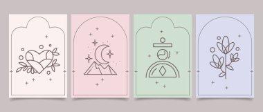 İçinde ruhani semboller olan esrarengiz mistik posterler. Ay, güneş, yıldızlar, çiçekler. Şablonlar, Tarot kartları, boho tarzı. Vektör