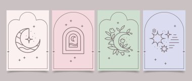 İçinde ruhani semboller olan esrarengiz mistik posterler. Ay, güneş, yıldızlar, çiçekler. Şablonlar, Tarot kartları, boho tarzı. Vektör