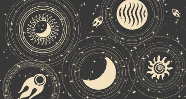 Boho stilinde astrolojik arka plan, ayın, güneşin, karanlık arka plandaki yıldızların mistik ve gizemli sembolleri. Yazdır, astronomik arkaplan. Vektör