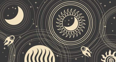 Boho stilinde astrolojik arka plan, ayın, güneşin, karanlık arka plandaki yıldızların mistik ve gizemli sembolleri. Yazdır, astronomik arkaplan. Vektör