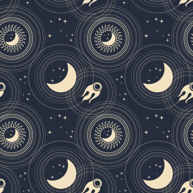 Boho tarzında kusursuz astrolojik desenler, ayın altın mistik esrarengiz sembolleri, güneş, karanlık arka plandaki yıldızlar. Yazdır, astronomik arkaplan. Vektör