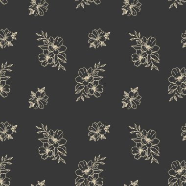 Kusursuz bir desen, koyu arkaplanda altın çizgili çiçek deseni. Parmak izi, çiçek arkaplanı, tekstil. Vektör