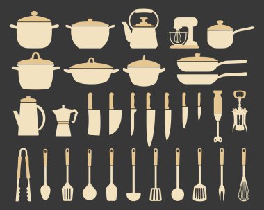 Büyük mutfak aletleri, siluet. Tencere, tava, kepçe, çaydanlık, kahve makinesi, mikser, blender, bıçaklar. Simgeler, vektör