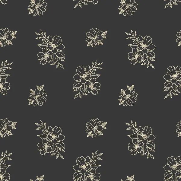 Kusursuz bir desen, koyu arkaplanda altın çizgili çiçek deseni. Parmak izi, çiçek arkaplanı, tekstil. Vektör