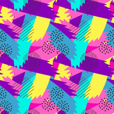 Çok renkli, soyut, dikişsiz desen, canlı şekiller ve geometrik nokta desenleri. Moda tasarımı 80 'ler-90' lar tarzı, etnik hipster geçmişi. Vektör